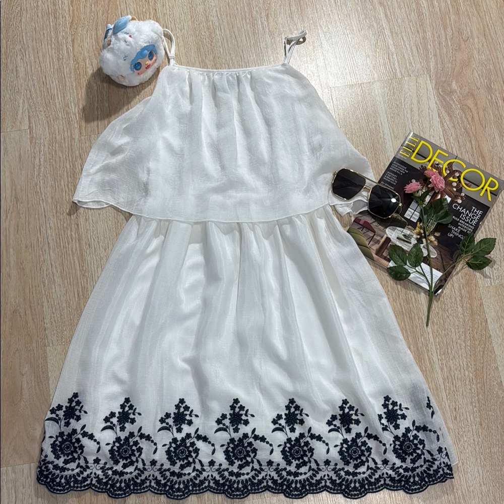 White Dress with Black Floral Embroidery